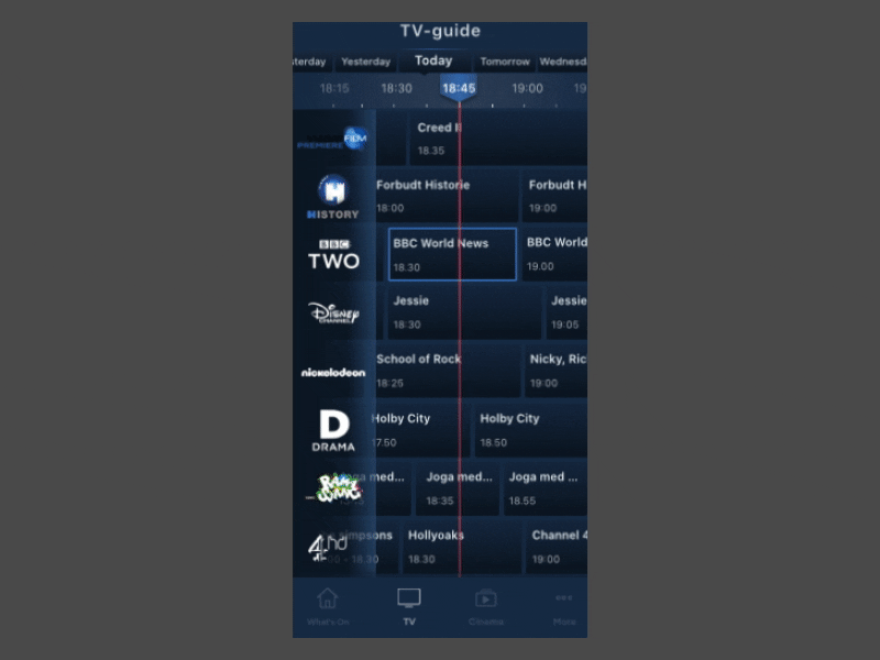 Animated demo of swipe gesture navigating the EPG timeline
